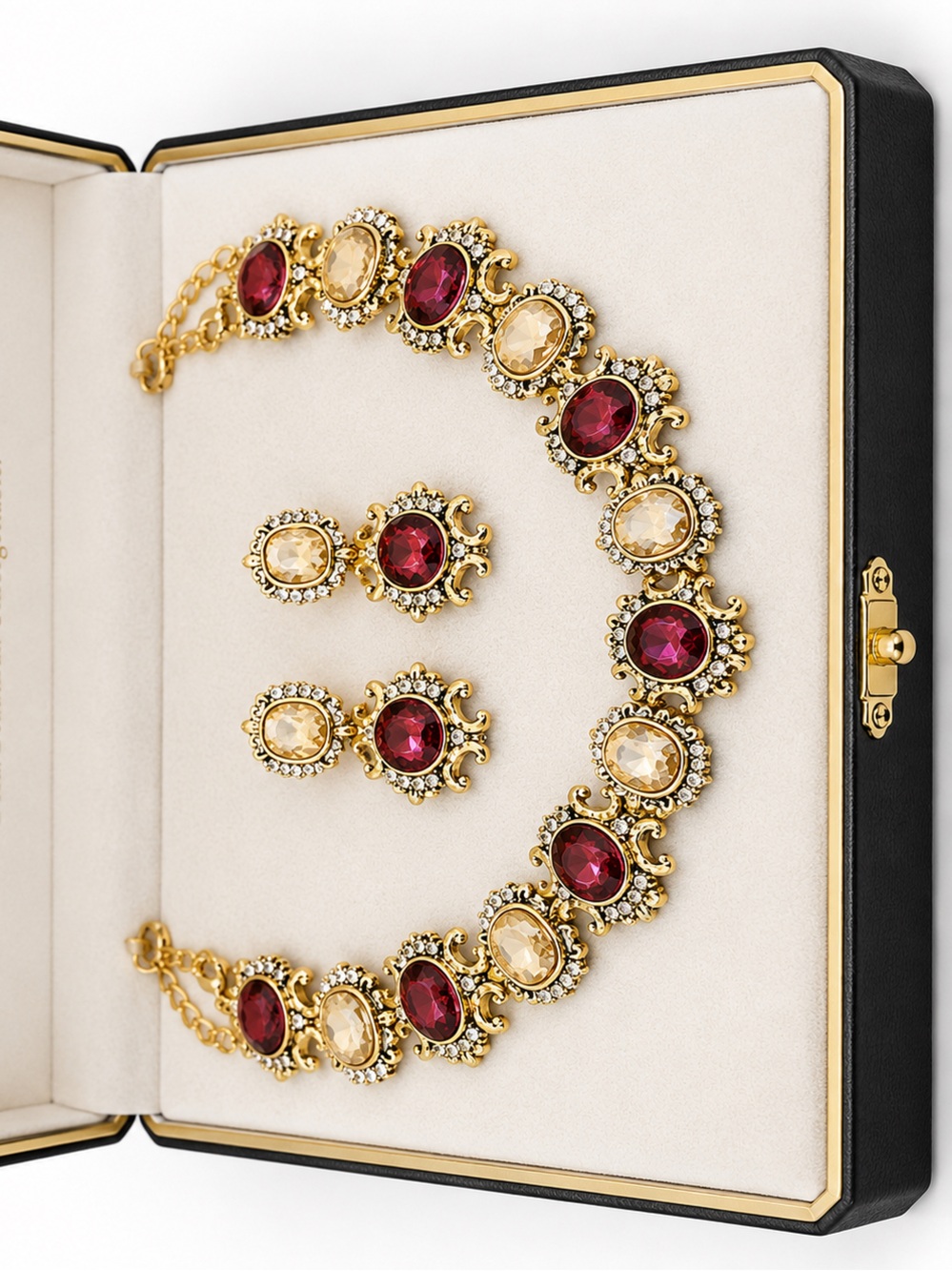 Elegant Gold Necklace & Earring Set with Ruby Red and Champagne Stones